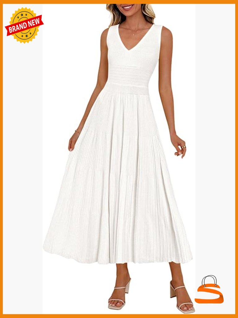 Sleeveless V Neck Pleated Midi Dress A-Line Silhouette Flowy Work Cocktail
